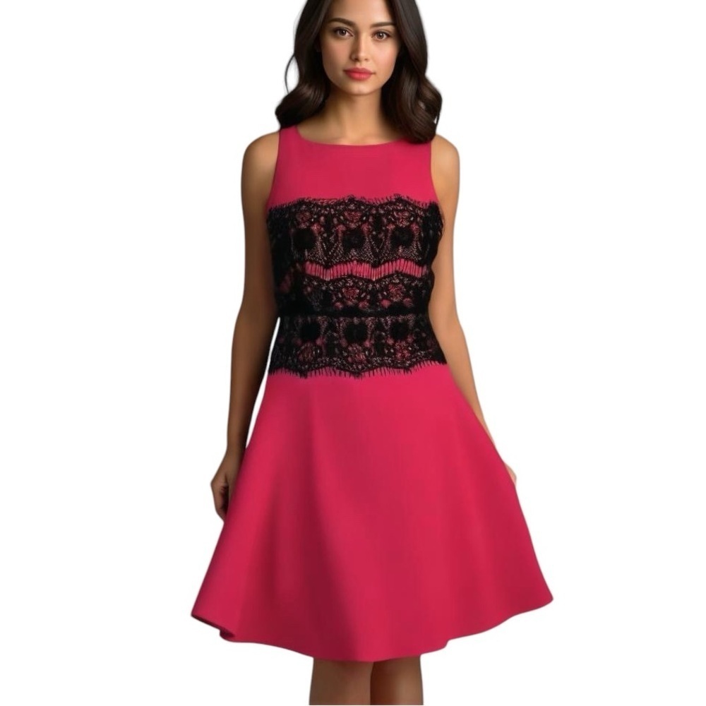 Loft Pink Fuschia Black Lace Overlay Fit & Flare Sleeveless Dress Size 4